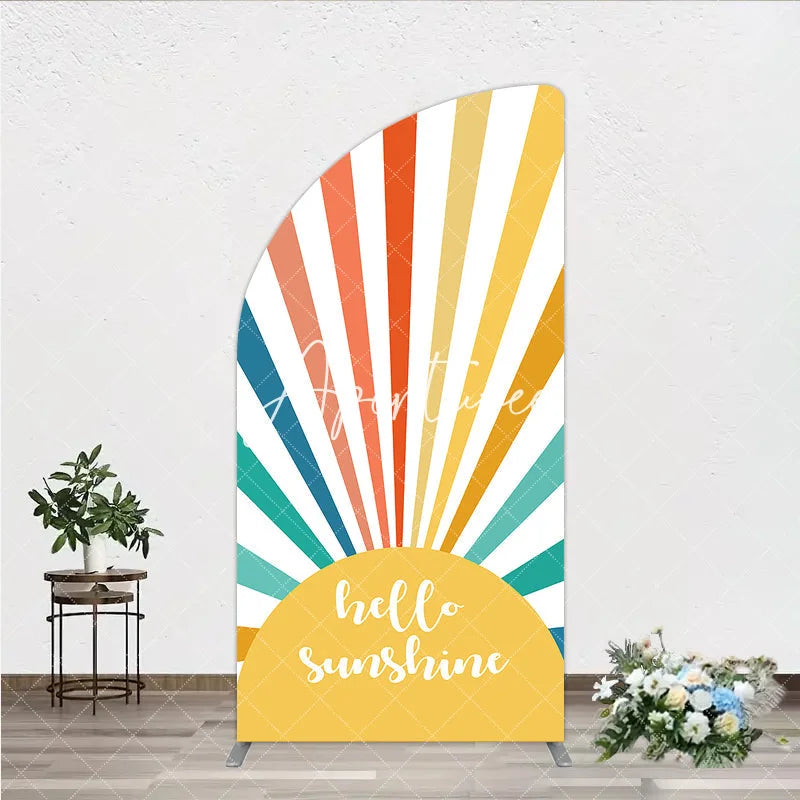 Aperturee - Aperturee Retro Vibrant Multi-Color Sunburst Stripes Half Moon Arch Backdrop Hello Sunshine Summer Party Decor