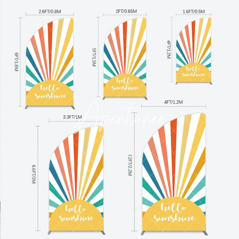 Aperturee - Aperturee Retro Vibrant Multi-Color Sunburst Stripes Half Moon Arch Backdrop Hello Sunshine Summer Party Decor