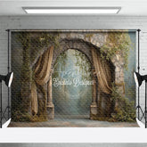 Aperturee - Aperturee Retro Wall Backdrop Stone Archway with Gold Drapes Vintage Castle Photography Background Prop with Vines