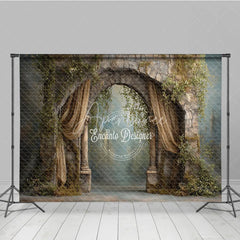 Aperturee - Aperturee Retro Wall Backdrop Stone Archway with Gold Drapes Vintage Castle Photography Background Prop with Vines
