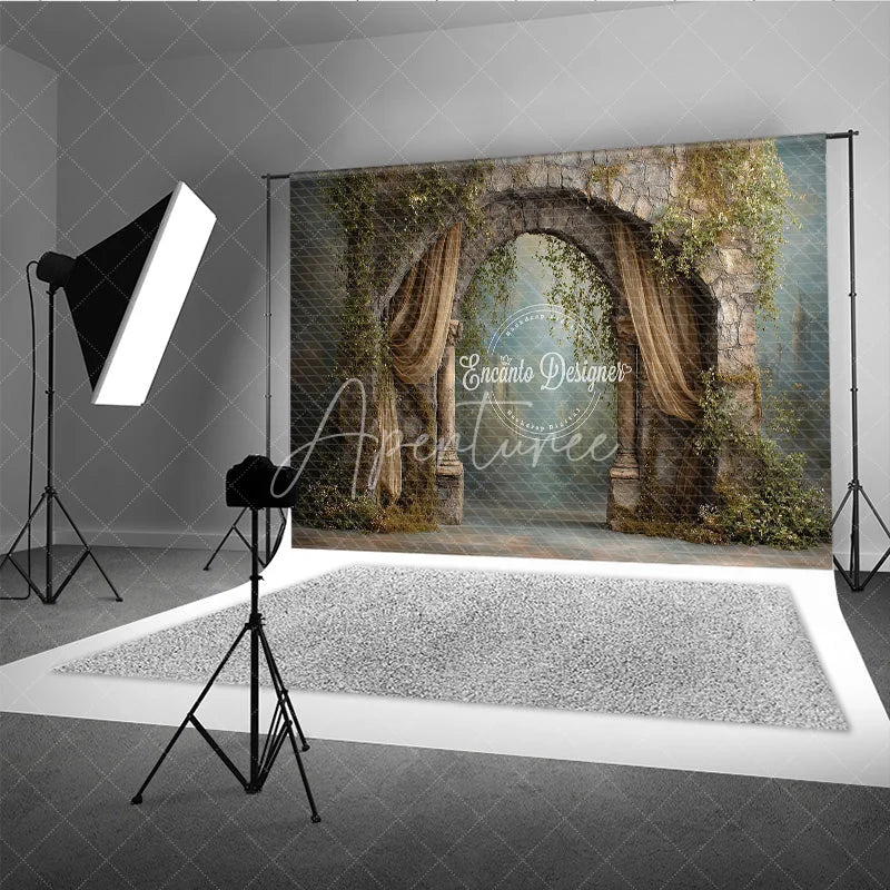 Aperturee - Aperturee Retro Wall Backdrop Stone Archway with Gold Drapes Vintage Castle Photography Background Prop with Vines