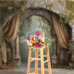 Aperturee - Aperturee Retro Wall Backdrop Stone Archway with Gold Drapes Vintage Castle Photography Background Prop with Vines