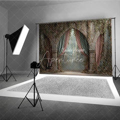 Aperturee - Aperturee Retro Wall Backdrop Stone Archway with Pink Drapes Vintage Castle Photography Background Prop with Vines