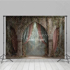 Aperturee - Aperturee Retro Wall Backdrop Stone Archway with Pink Drapes Vintage Castle Photography Background Prop with Vines