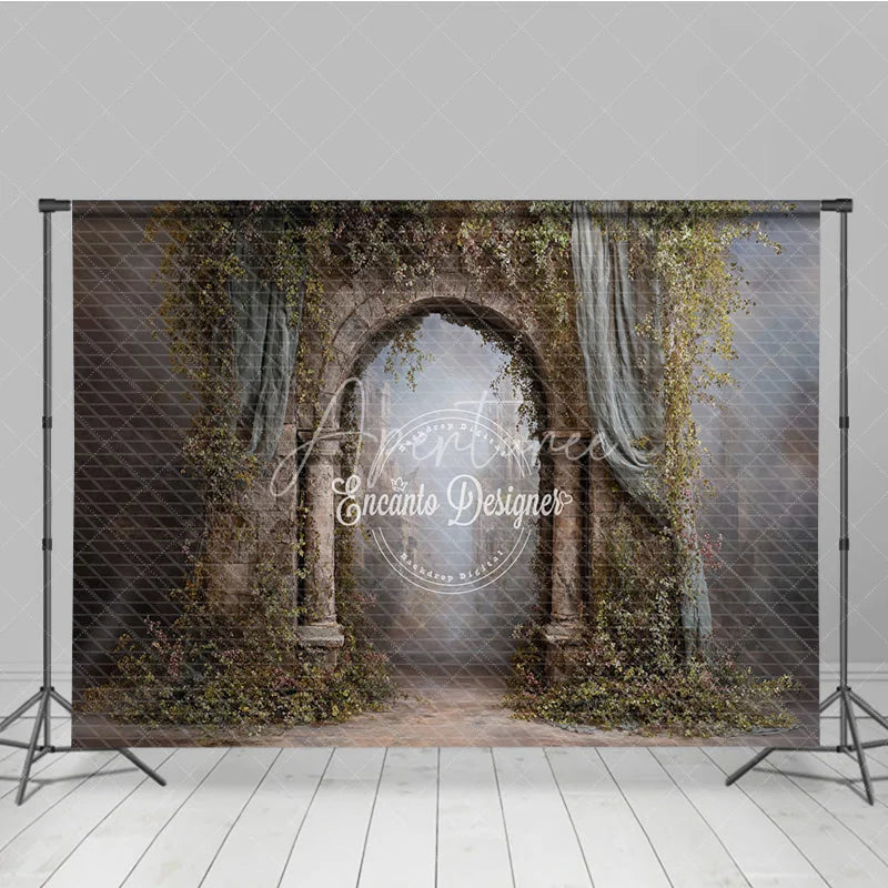 Aperturee - Aperturee Retro Wall Backdrop Stone Archway with Vines and Blue Drapes Vintage Castle Photography Background Prop