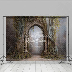 Aperturee - Aperturee Retro Wall Backdrop Stone Archway with Vines and Blue Drapes Vintage Castle Photography Background Prop