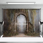 Aperturee - Aperturee Retro Wall Backdrop Stone Archway with Vines and Blue Drapes Vintage Castle Photography Background Prop