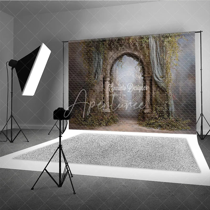 Aperturee - Aperturee Retro Wall Backdrop Stone Archway with Vines and Blue Drapes Vintage Castle Photography Background Prop