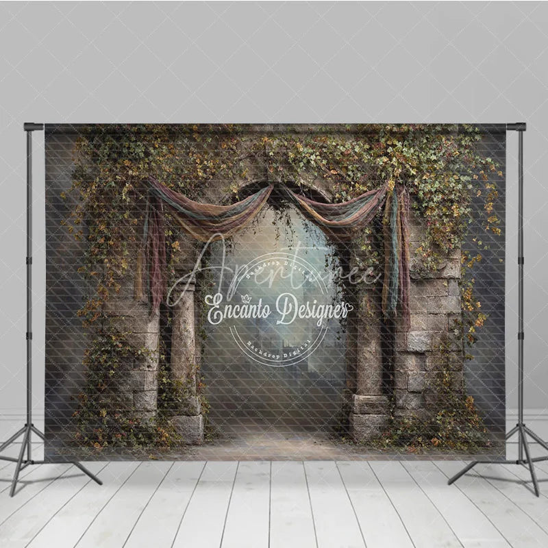 Aperturee - Aperturee Retro Wall Backdrop Stone Archway with Vines and Drapes Vintage Castle Photography Background Prop