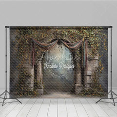 Aperturee - Aperturee Retro Wall Backdrop Stone Archway with Vines and Drapes Vintage Castle Photography Background Prop
