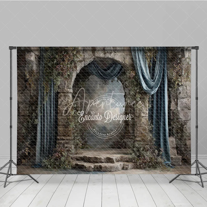 Aperturee - Aperturee Retro Wall Backdrop Stone Castle Arch with Blue Drapes Vintage Moody Photography Background Prop