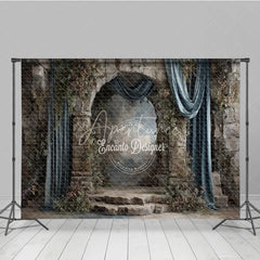 Aperturee - Aperturee Retro Wall Backdrop Stone Castle Arch with Blue Drapes Vintage Moody Photography Background Prop