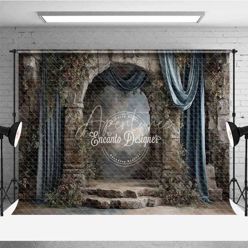 Aperturee - Aperturee Retro Wall Backdrop Stone Castle Arch with Blue Drapes Vintage Moody Photography Background Prop