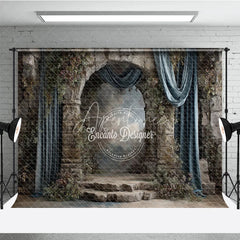 Aperturee - Aperturee Retro Wall Backdrop Stone Castle Arch with Blue Drapes Vintage Moody Photography Background Prop