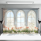 Aperturee - Aperturee Retro White Brick Wall Window Floral Spring Backdrop