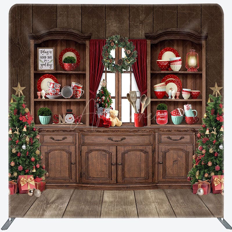 Aperturee - Aperturee Retro Wood Cupboard Christmas Tension Fabric Backdrop