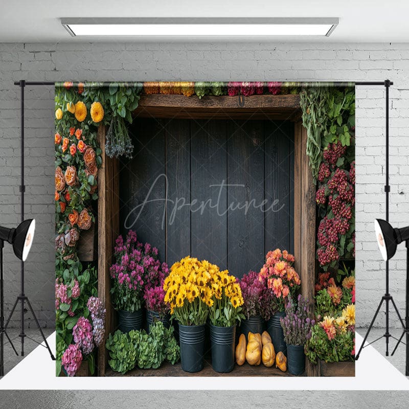 Aperturee - Aperturee Retro Wooden Brown Floral Shop Room Set Backdrop