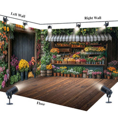 Aperturee - Aperturee Retro Wooden Brown Floral Shop Room Set Backdrop