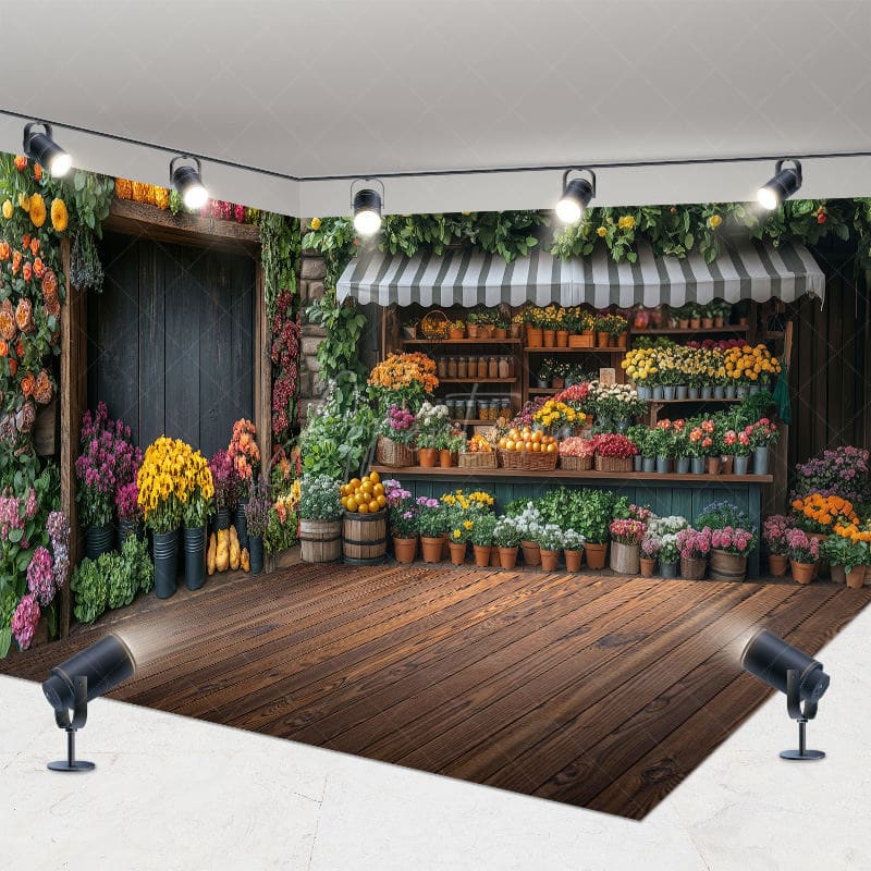 Aperturee - Aperturee Retro Wooden Brown Floral Shop Room Set Backdrop