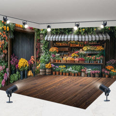 Aperturee - Aperturee Retro Wooden Brown Floral Shop Room Set Backdrop