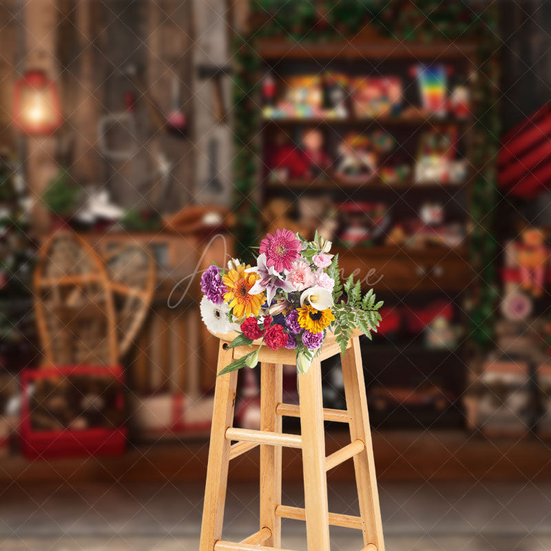 Aperturee - Aperturee Retro Wooden Santa Workshop Christmas Night Backdrop
