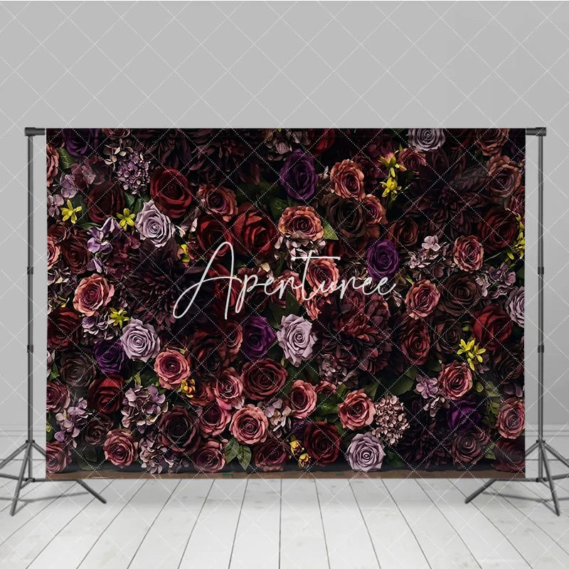Aperturee - Aperturee Rich Burgundy and Purple Floral Rose Dahlia Hydrangea Photography Backdrop Elegant Romantic Photo Background