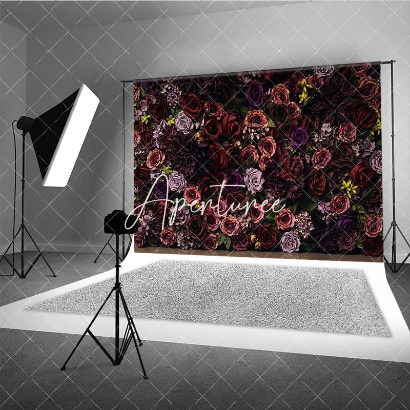 Aperturee - Aperturee Rich Burgundy and Purple Floral Rose Dahlia Hydrangea Photography Backdrop Elegant Romantic Photo Background