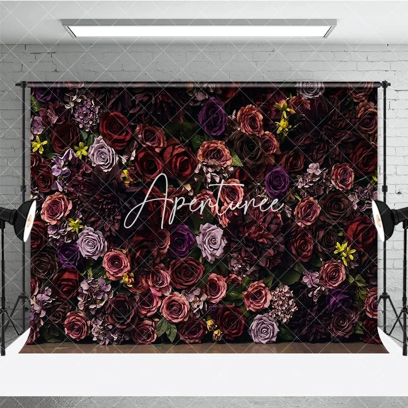 Aperturee - Aperturee Rich Burgundy and Purple Floral Rose Dahlia Hydrangea Photography Backdrop Elegant Romantic Photo Background