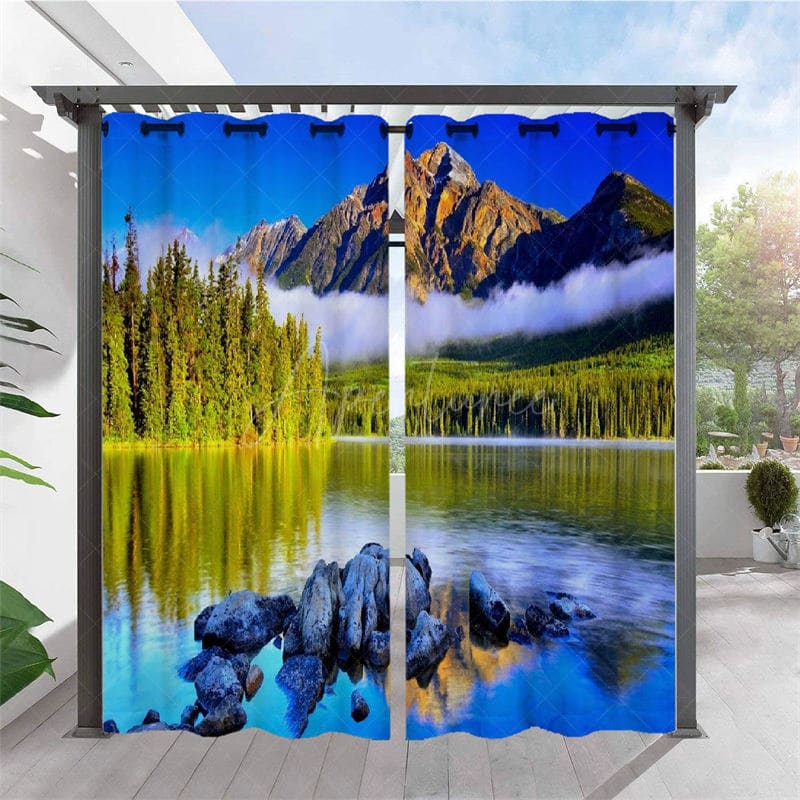 Aperturee - Aperturee River Landscape Waterproof Pattern Outdoor Curtains For Patio