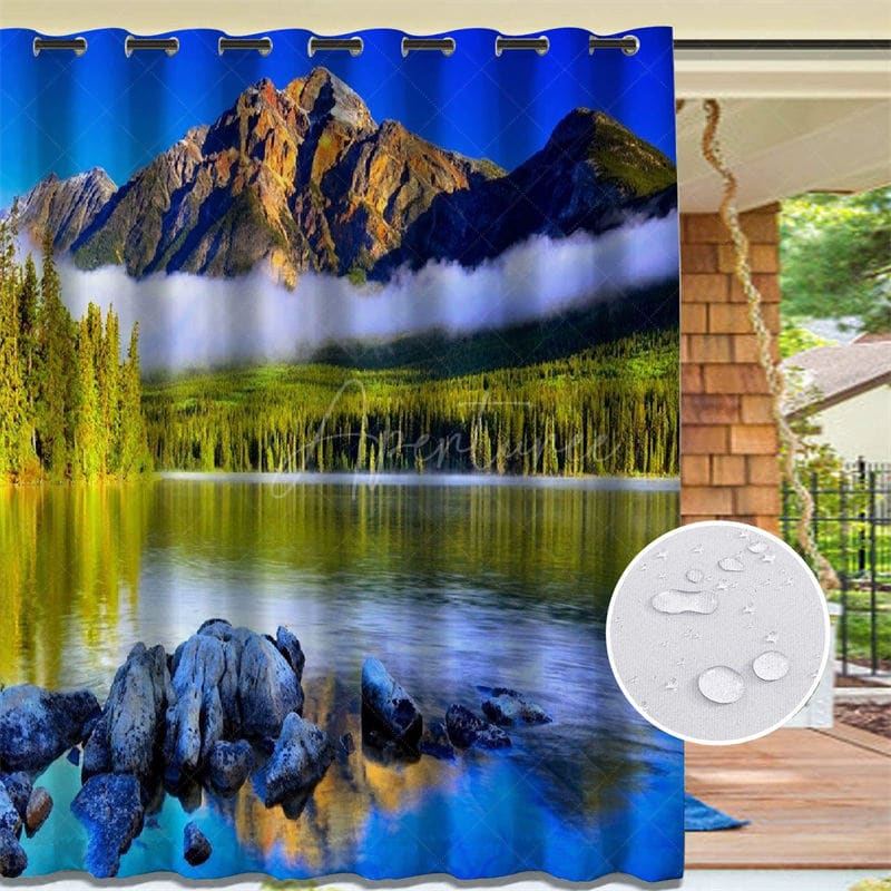 Aperturee - Aperturee River Landscape Waterproof Pattern Outdoor Curtains For Patio