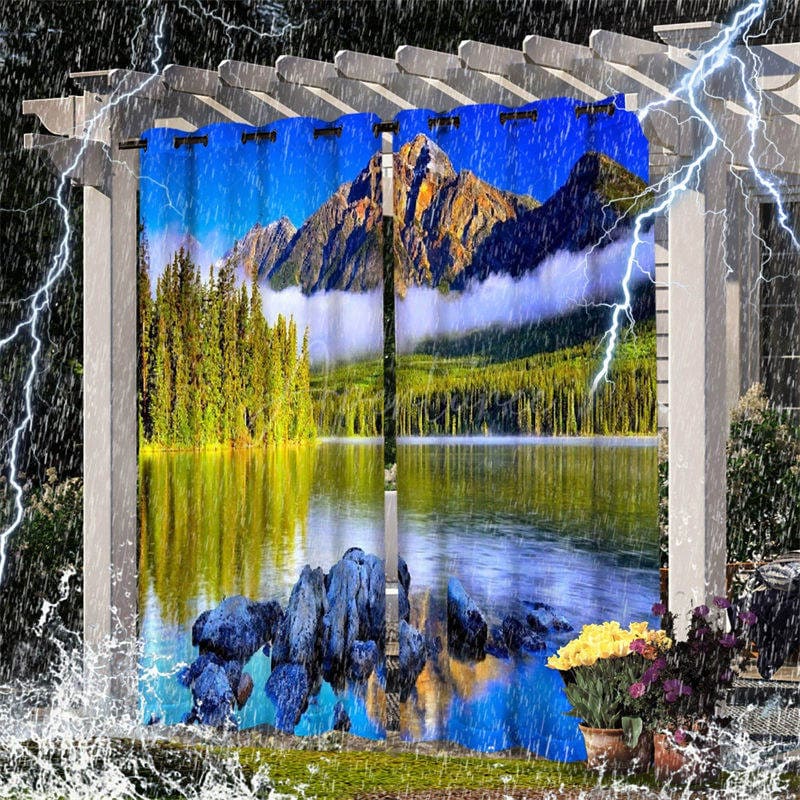 Aperturee - Aperturee River Landscape Waterproof Pattern Outdoor Curtains For Patio