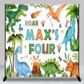Aperturee Aperturee Roar I’m Four Custom Dinosaur Birthday Backdrop Boys 4th Bday Party Personalized T Rex and Volcano Photo Prop