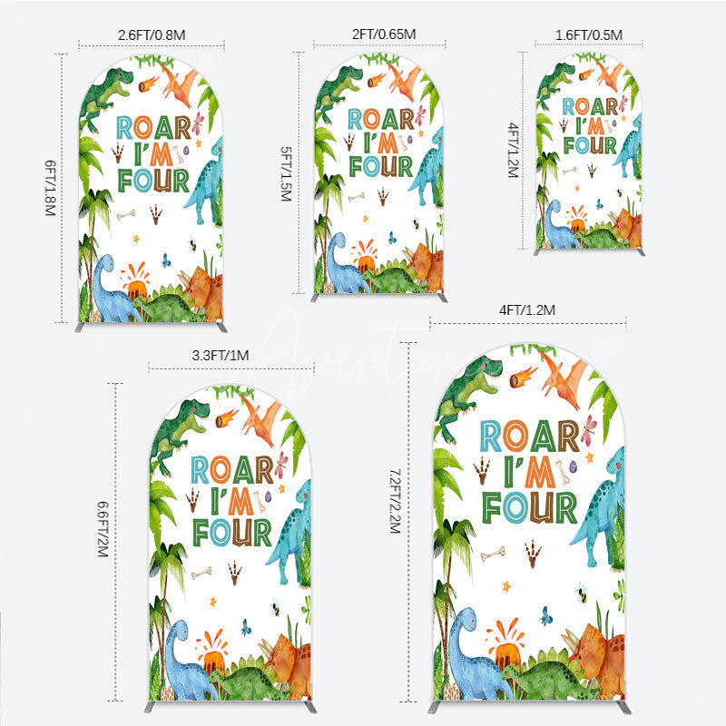 Aperturee Aperturee Roar I’m Four Dinosaur Birthday Arch Backdrop Boys 4th Bday Party Banner T Rex and Volcano Jungle Photo Prop