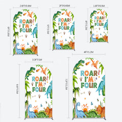 Aperturee Aperturee Roar I’m Four Dinosaur Birthday Arch Backdrop Boys 4th Bday Party Banner T Rex and Volcano Jungle Photo Prop