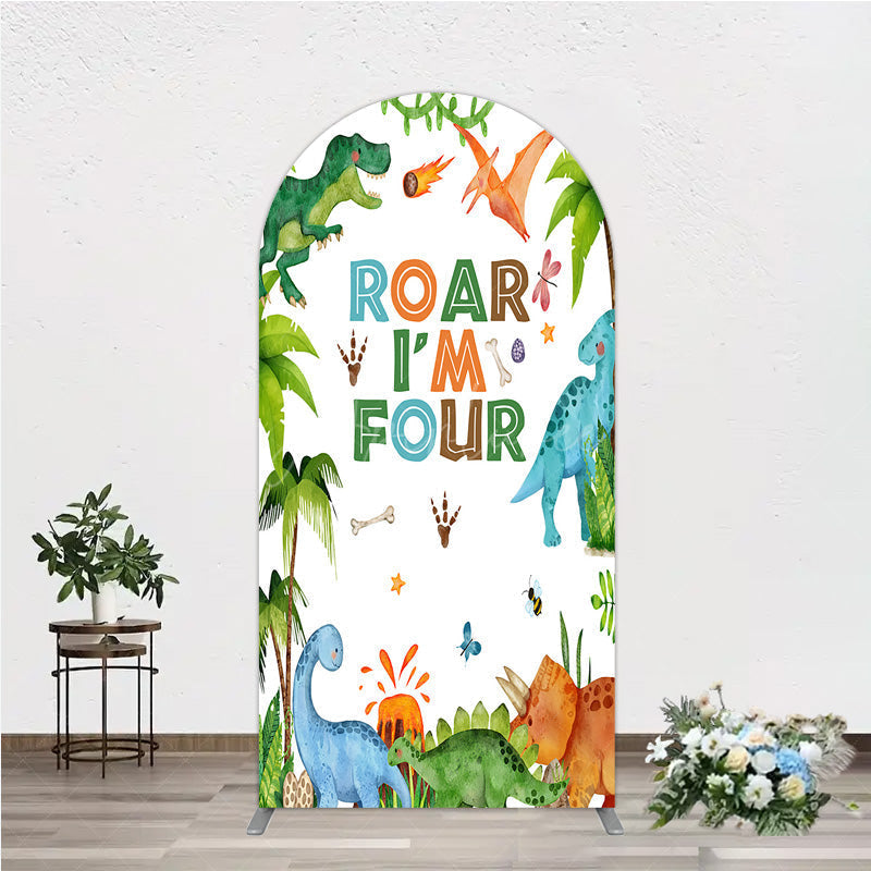 Aperturee Aperturee Roar I’m Four Dinosaur Birthday Arch Backdrop Boys 4th Bday Party Banner T Rex and Volcano Jungle Photo Prop