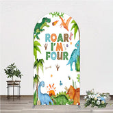 Aperturee Aperturee Roar I’m Four Dinosaur Birthday Arch Backdrop Boys 4th Bday Party Banner T Rex and Volcano Jungle Photo Prop