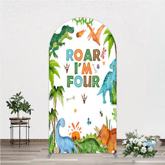 Aperturee Aperturee Roar I’m Four Dinosaur Birthday Arch Backdrop Boys 4th Bday Party Banner T Rex and Volcano Jungle Photo Prop