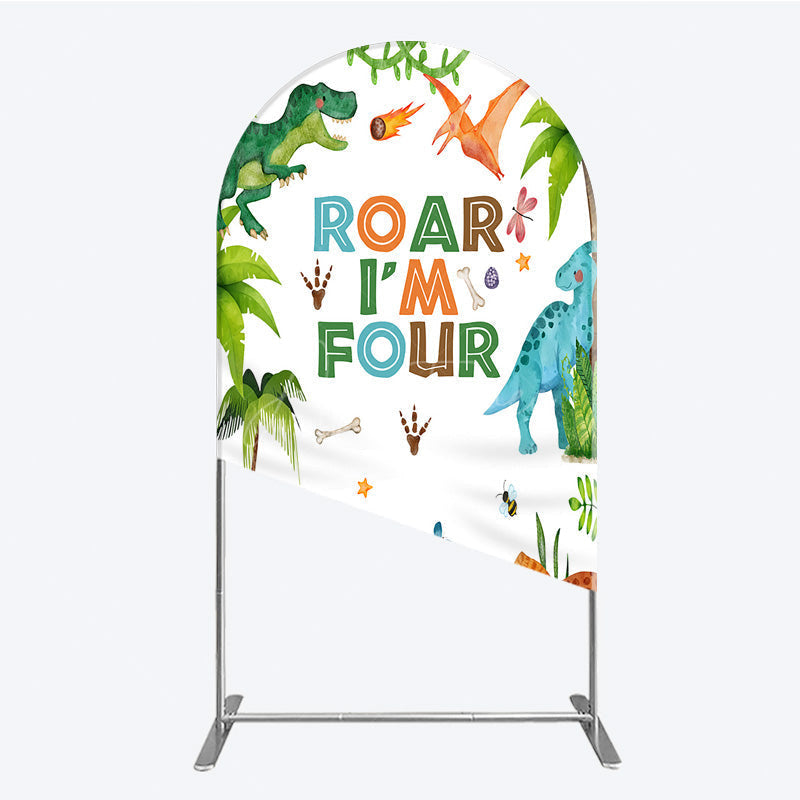 Aperturee Aperturee Roar I’m Four Dinosaur Birthday Arch Backdrop Boys 4th Bday Party Banner T Rex and Volcano Jungle Photo Prop