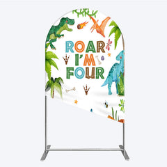 Aperturee Aperturee Roar I’m Four Dinosaur Birthday Arch Backdrop Boys 4th Bday Party Banner T Rex and Volcano Jungle Photo Prop