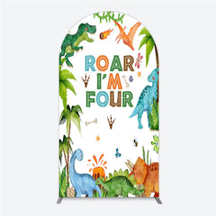 Aperturee Aperturee Roar I’m Four Dinosaur Birthday Arch Backdrop Boys 4th Bday Party Banner T Rex and Volcano Jungle Photo Prop