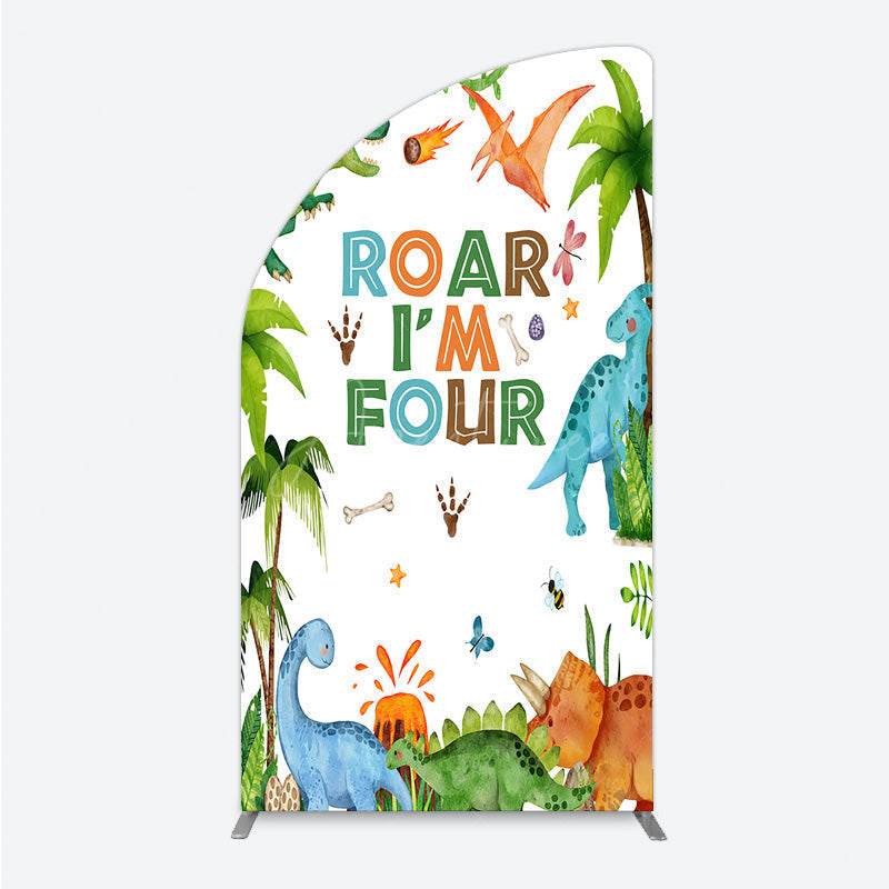 Aperturee Aperturee Roar I’m Four Dinosaur Birthday Half Moon Arch Backdrop Boys 4th Bday Party Banner T Rex and Volcano Jungle Photo Prop