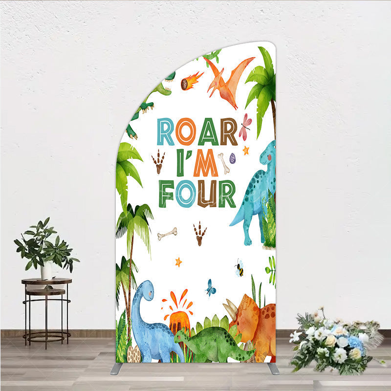 Aperturee Aperturee Roar I’m Four Dinosaur Birthday Half Moon Arch Backdrop Boys 4th Bday Party Banner T Rex and Volcano Jungle Photo Prop