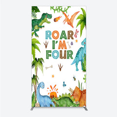 Aperturee Aperturee Roar I’m Four Dinosaur Birthday Rectangle Backdrop Boys 4th Bday Party Banner T Rex and Volcano Jungle Photo Prop