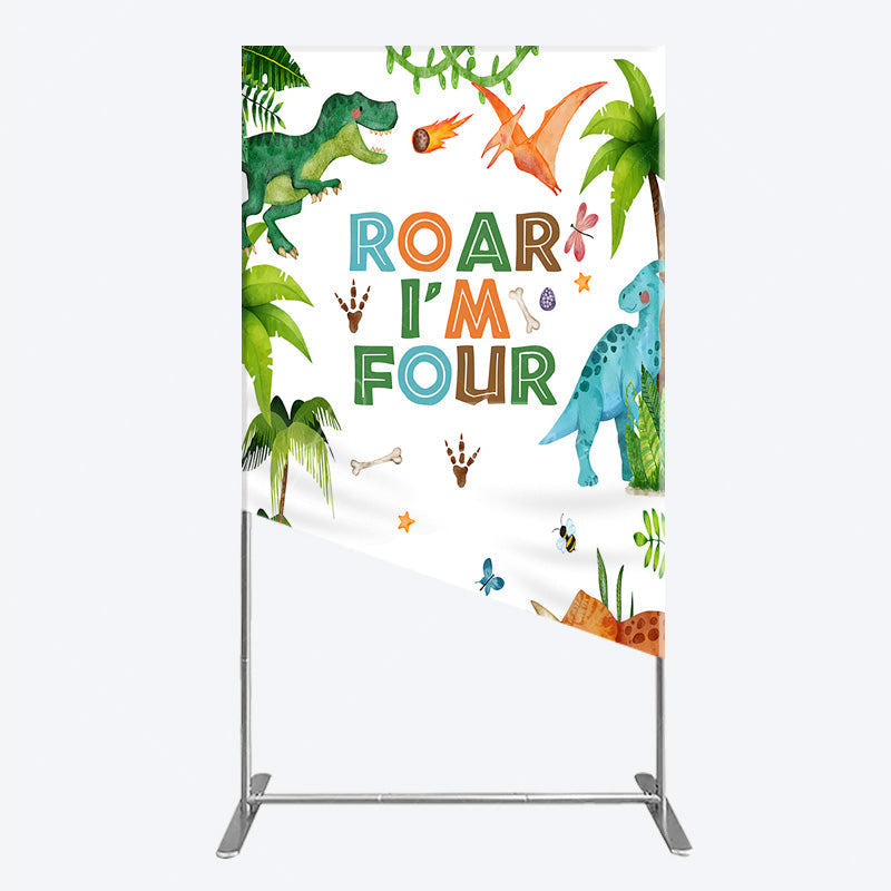 Aperturee Aperturee Roar I’m Four Dinosaur Birthday Rectangle Backdrop Boys 4th Bday Party Banner T Rex and Volcano Jungle Photo Prop