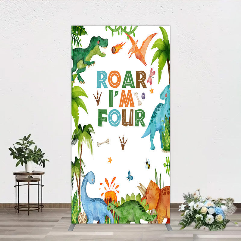 Aperturee Aperturee Roar I’m Four Dinosaur Birthday Rectangle Backdrop Boys 4th Bday Party Banner T Rex and Volcano Jungle Photo Prop
