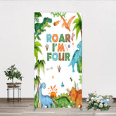 Aperturee Aperturee Roar I’m Four Dinosaur Birthday Rectangle Backdrop Boys 4th Bday Party Banner T Rex and Volcano Jungle Photo Prop