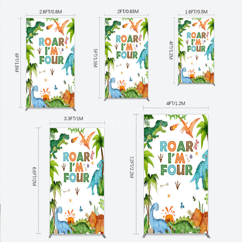 Aperturee Aperturee Roar I’m Four Dinosaur Birthday Rectangle Backdrop Boys 4th Bday Party Banner T Rex and Volcano Jungle Photo Prop