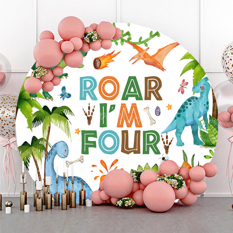 Aperturee Aperturee Roar I’m Four Dinosaur Birthday Round Backdrop Boys 4th Bday Party Banner T Rex and Volcano Jungle Photo Prop