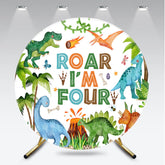 Aperturee Aperturee Roar I’m Four Dinosaur Birthday Round Backdrop Boys 4th Bday Party Banner T Rex and Volcano Jungle Photo Prop