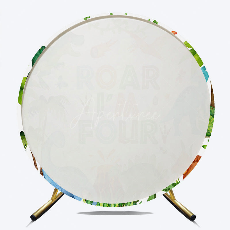 Aperturee Aperturee Roar I’m Four Dinosaur Birthday Round Backdrop Boys 4th Bday Party Banner T Rex and Volcano Jungle Photo Prop